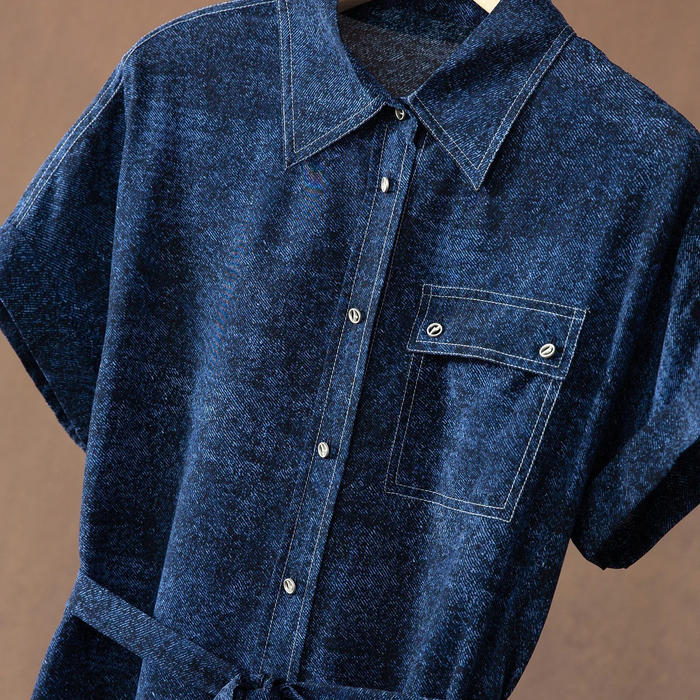 Women 100% Mulberry Silk Shirt Dress Denim Blue Short Sleeve Belted Waist Midi Dress Vintage Elegant Summer Casual Silk Dresses