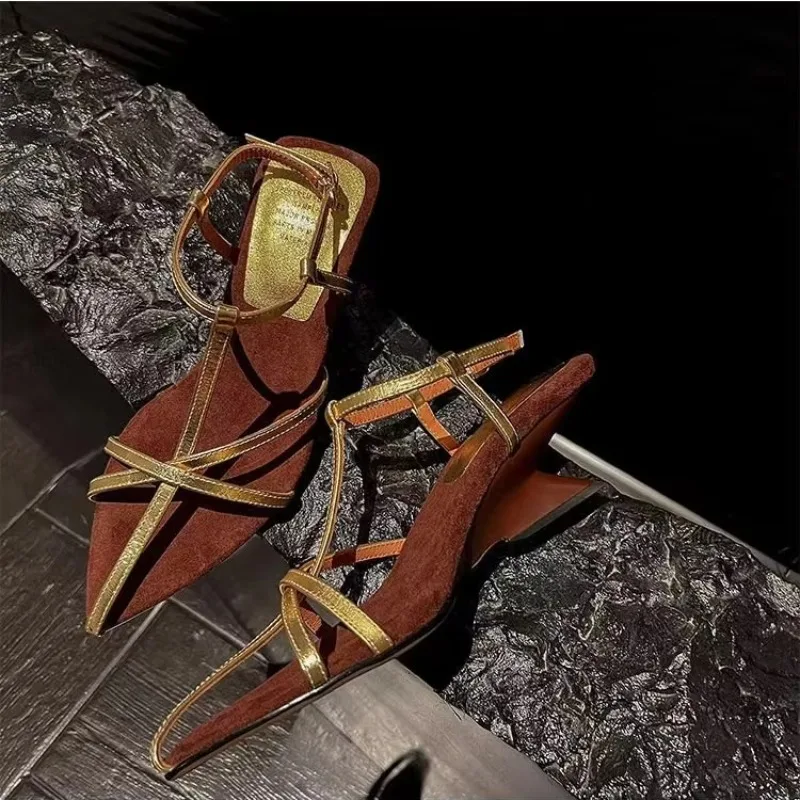 2024 New Women\'s High-heeled Sandals Summer High-heeled Shoes Luxury Cowhide Strap Slingback Feminine Wedding Sandals