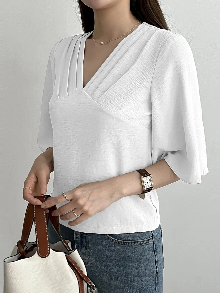Mugen Plus Size Women Clothing Short Sleeves Blouse Solid Color Elegant Female Blouse V Neck Shirt Pleated 2024 New Fashion New
