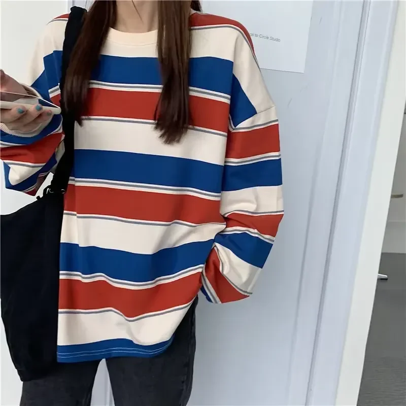 3D Long Sleeve Y2K Striped T Shirt Unisex 2026 Fall Winter Thin Loose Fit Rainbow Stripe Casual Blouse Tee Top Streetwear
