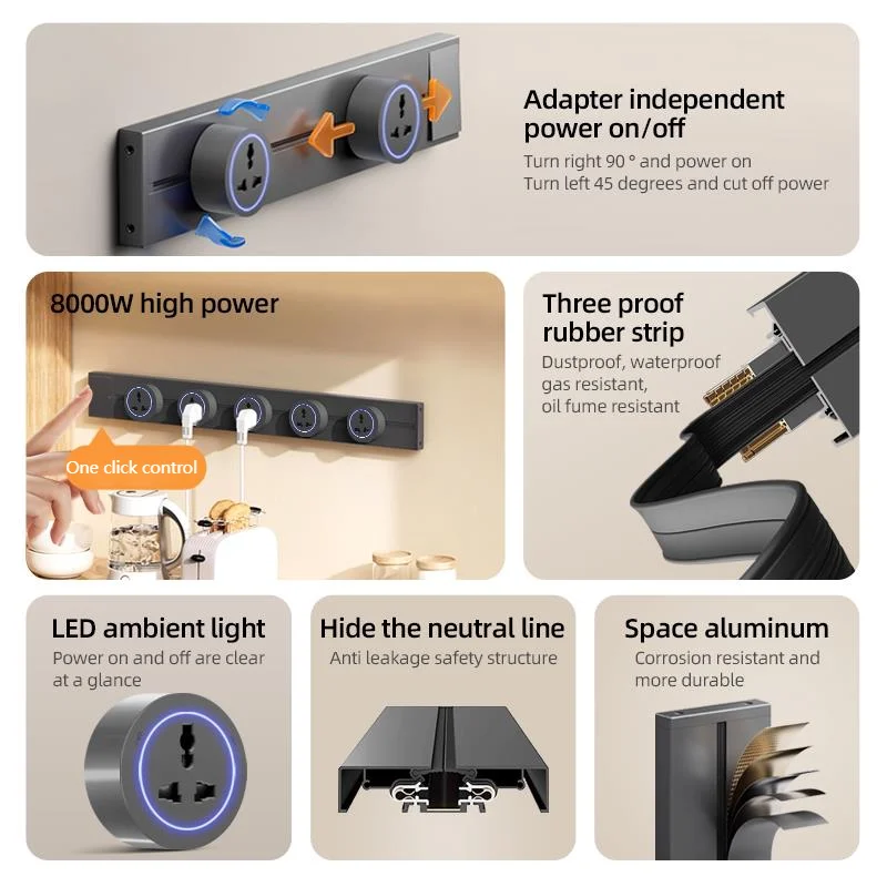 Track Socket With Switch Kitchen Wall Outlet EU US UK Universal Standard Round Romovable Adapter Plug Electrical Socket With USB