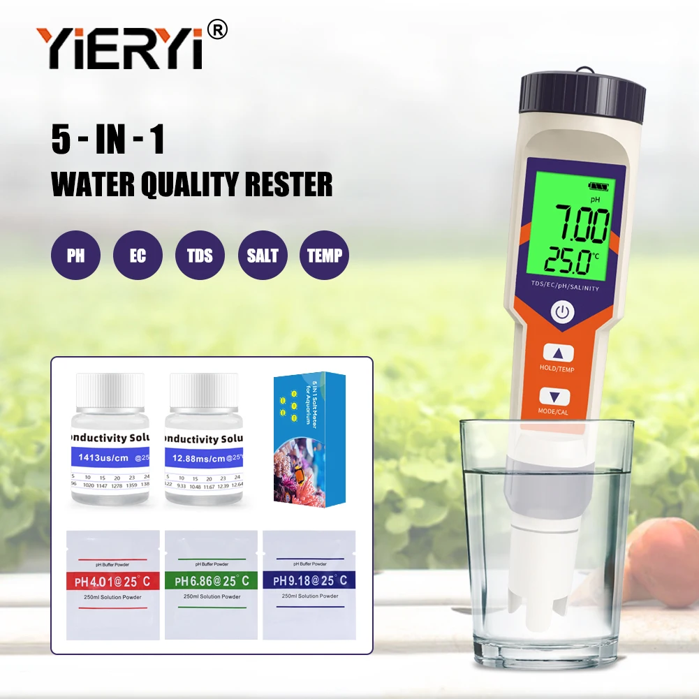 

Yieryi 5-in-1 TDS EC PH Salinity Temperature Meter Digital Water Quality Tester Monitor for Spa Pools Aquariums Swimming Pools