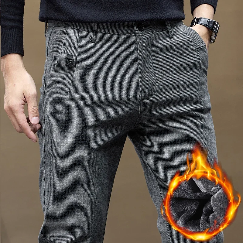 

New Winter Fleece Thick Casual Pants Men's Clothing Slim Stretch Business Fashion Fleece Pants Soft Solid Color Plush Trousers