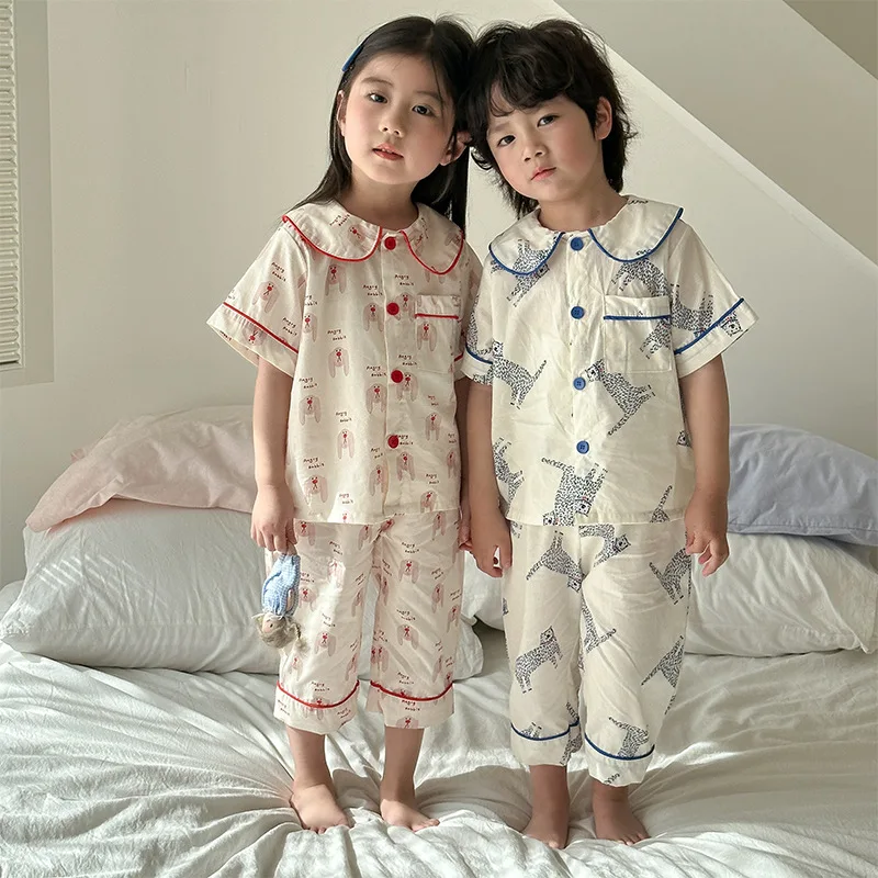 

2025 Korean Summer Kids Girls Sleepwears Set Cotton Thin Cartoon Full Printed Tops Cropped Pants Suit Children Girls Pajamas