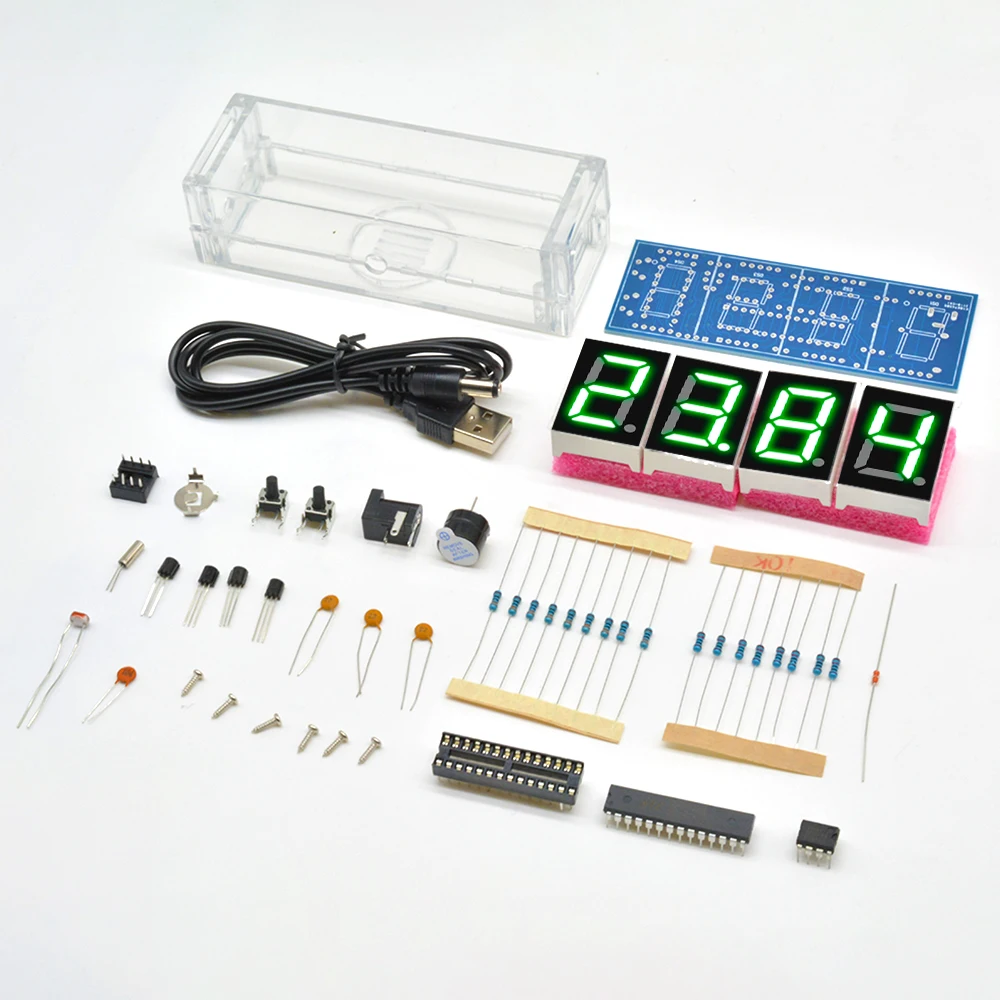 DIY Kit Green 4-Digit LED Display Electronic Clock Microcontroller Digital Clock Time Light Control Thermometer diy electronic