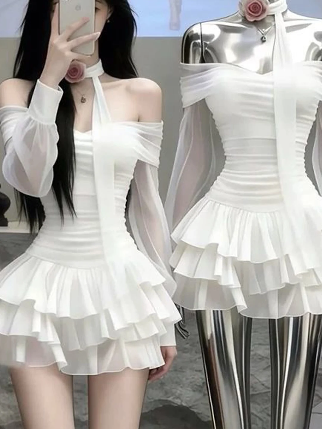 

Princess Style Long Sleeve One Shoulder Dress Women's Summer New Cake Skirt Ball Gown Floral Breathable Skin Friendly