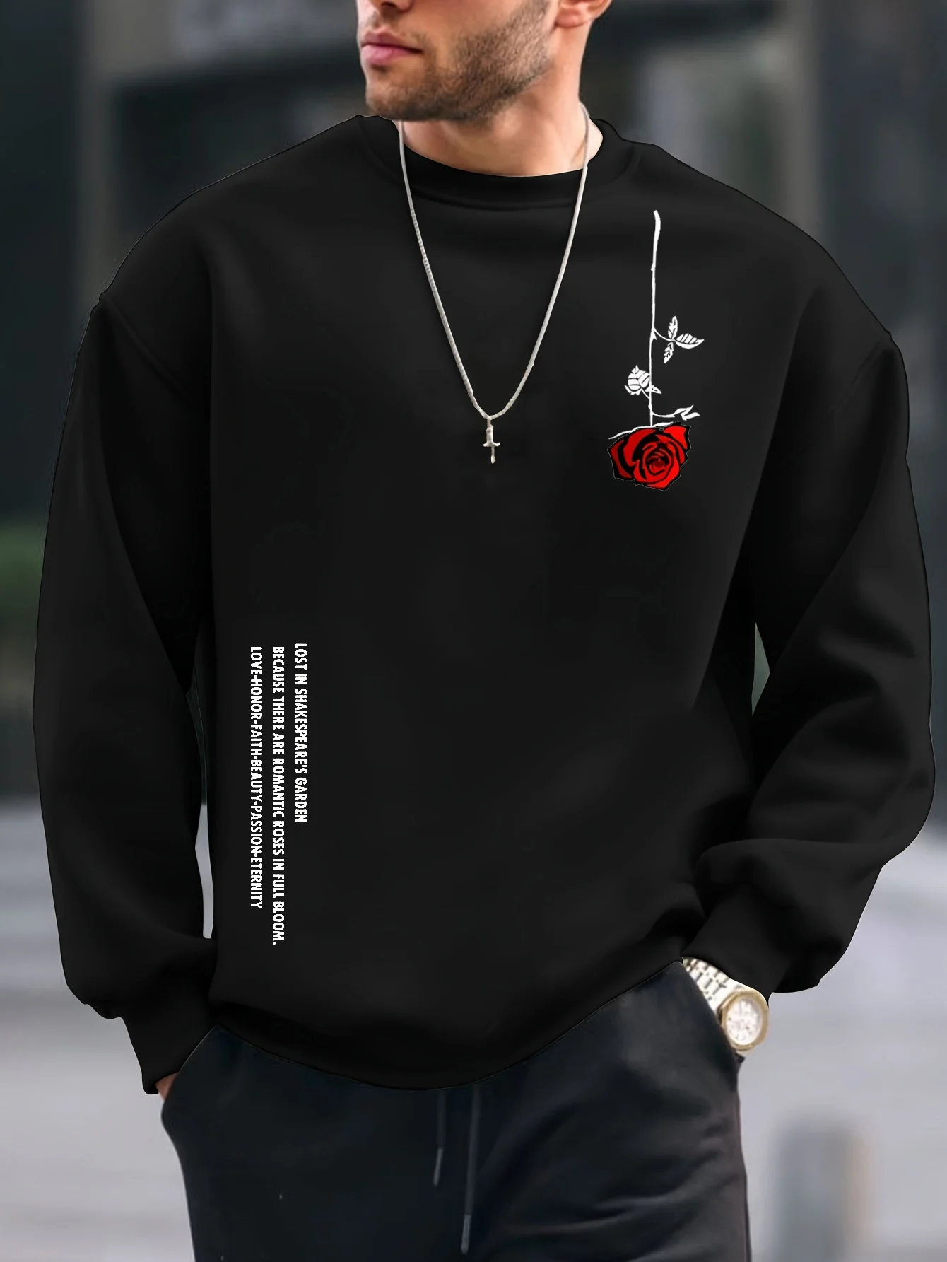 Men\'s autumn and winter fashionable casual loose plus rose pattern printed fleece pullover round neck long sleeved sweatshirt