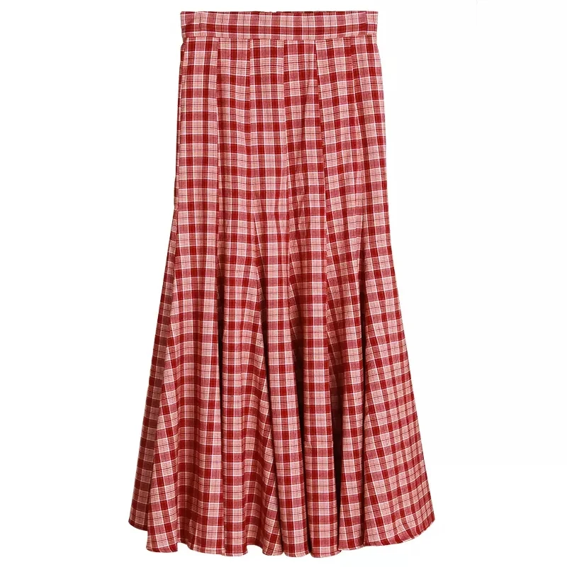 Women's Runway Fashion Spring Summer Designer Red Plaid Skirt Female Autumn Winter High Waist Basic A-line Checked Skirt TB155