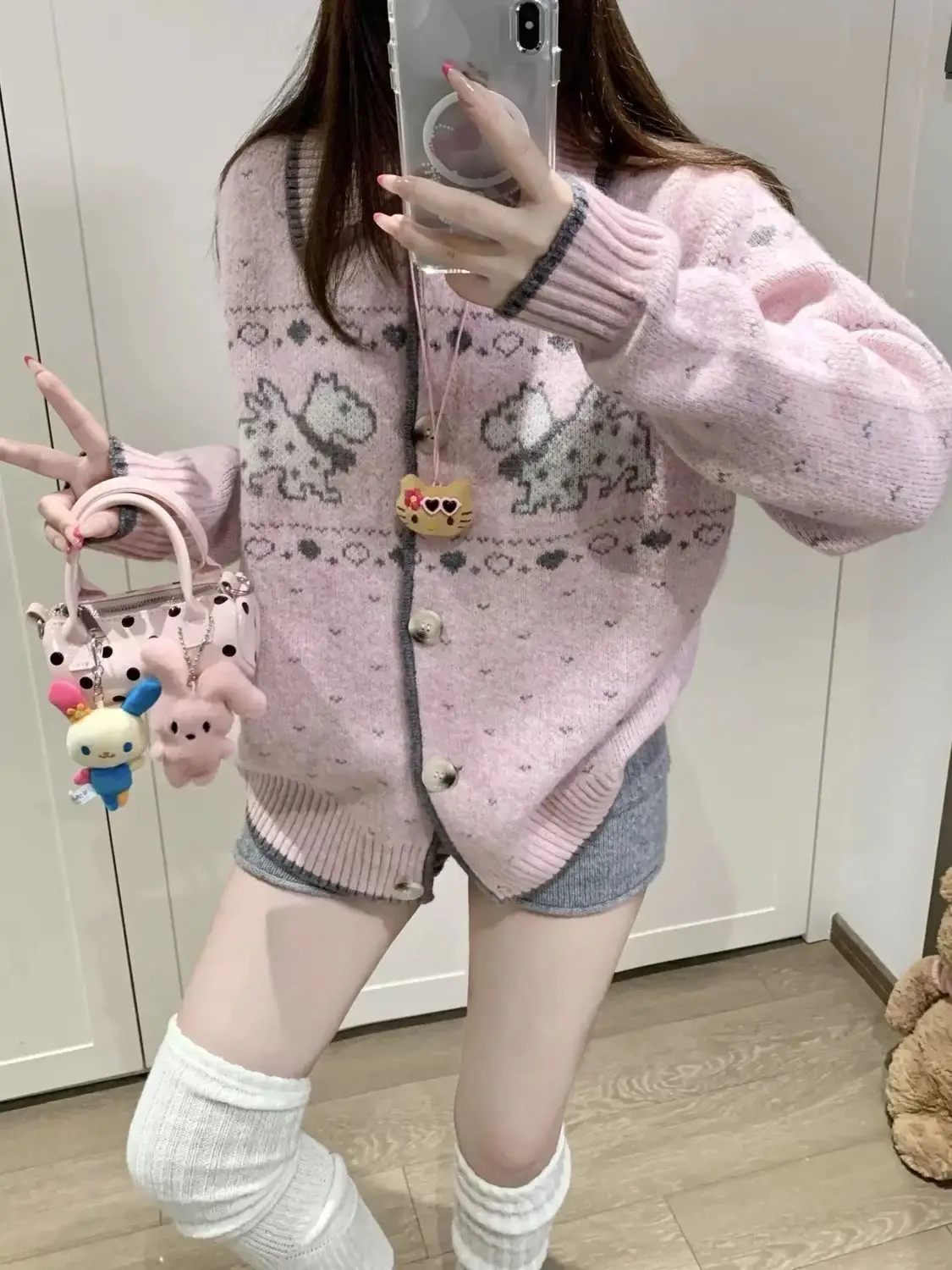 

Pink Puppy Christmas Jacquard Lapel Sweater Knitted Cardigan Women 2025 New Korean Style Autumn Winter Outfit Top