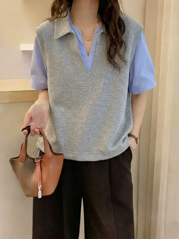 

Summer New plus Size Women's Neck Short Sleeve T-Shirt Drawstring Hem Commute Style Korean Loose Fit Regular Sleeve