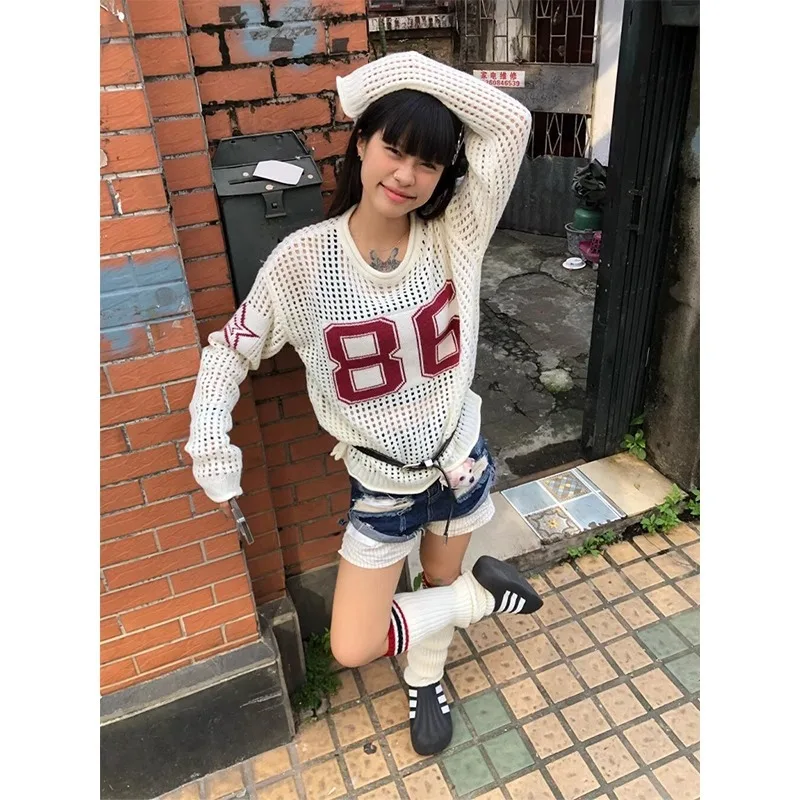 2026 Spring Autumn New Women Digital Jacquard Hollow Out Long Sleeve T Shirt Retro Loose Stylish Casual Daily Tops