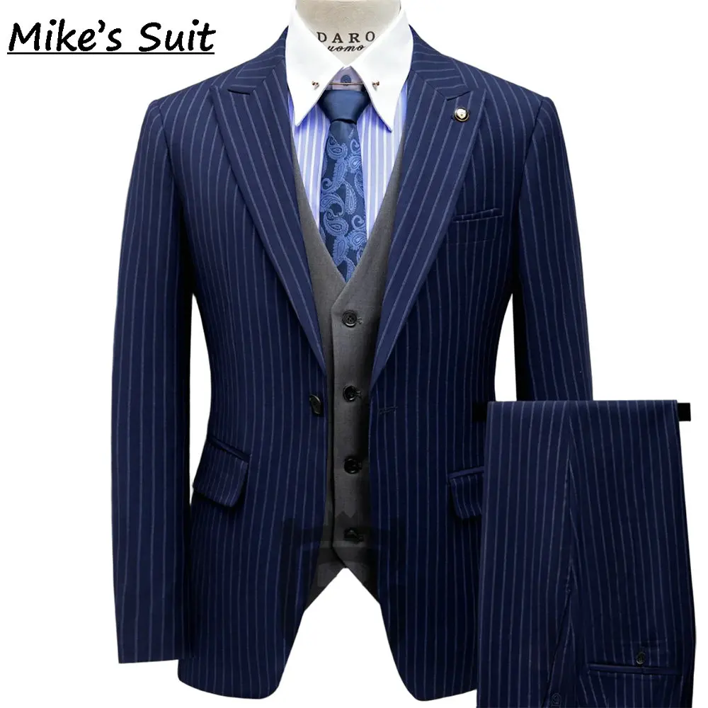 Blue Pinstripe Groom Suits 3D Tailored Man Suit Wedding & Business Set 2 Pieces Jacket And Pants