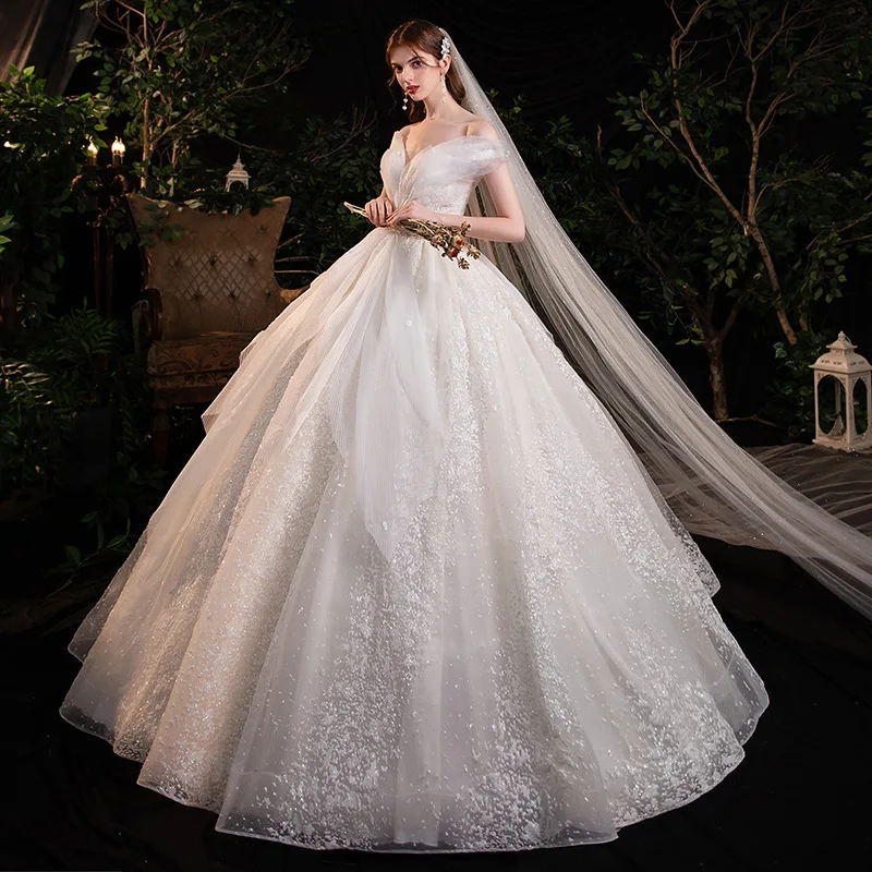 Custom Classic V Neck Off Shoulder Sparkling Tulle Lace Ball Gown Embroidery Lace Up Back Floor-Length Sweep Train Bridal Gown