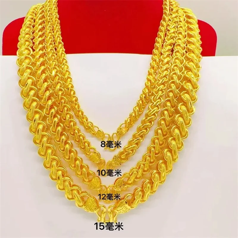 Luxury 24K 9999 Pure Gold real gold 8mm 10mm 12mm Men's Thai necklace buckle chain