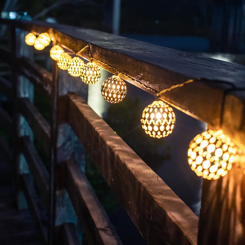 Hollowed-out Moroccan Sphere Christmas String Lights LED Wrought Iron Ball Battery Lights Romantic Room Decoration