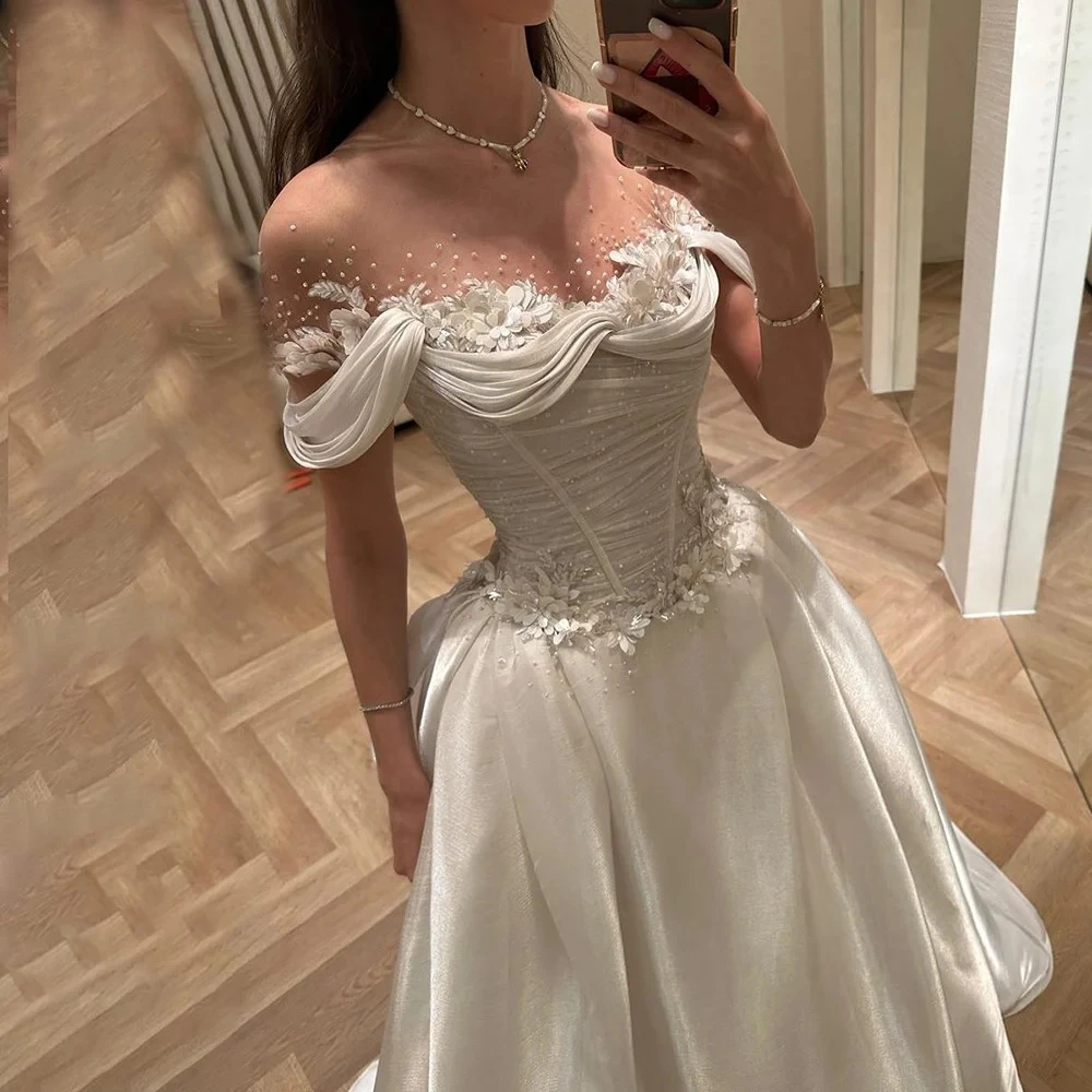 Customized 3D Flower Shiny Wedding Dresses Off Shoulder Appliques Lace Bridal Gowns Princess Pleats Beach Prom Party Dress Women