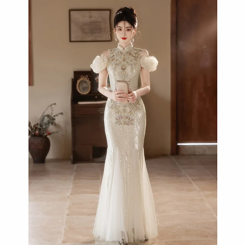 

Китайское вечернее платье на одно плечо, свадебное платье со сверкающими блестками, роскошное элитное летнее новое поступление