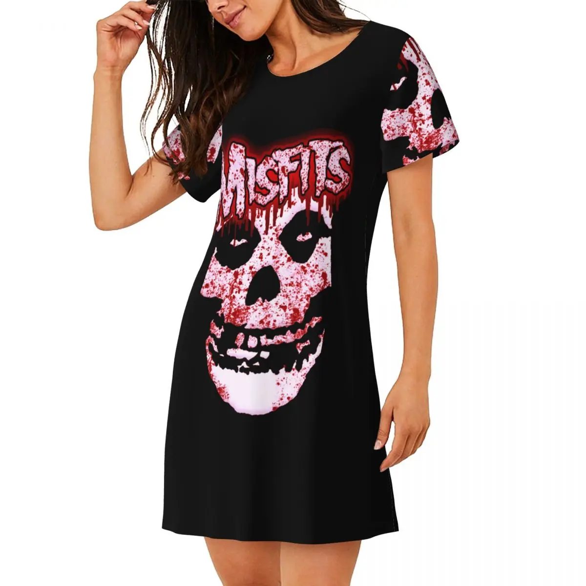 Custom Misfits Skull Short Sleeves Nightdress For Sleeping Sleepshirts Women Short Sleeve Nightgowns Soft Pajama Dress