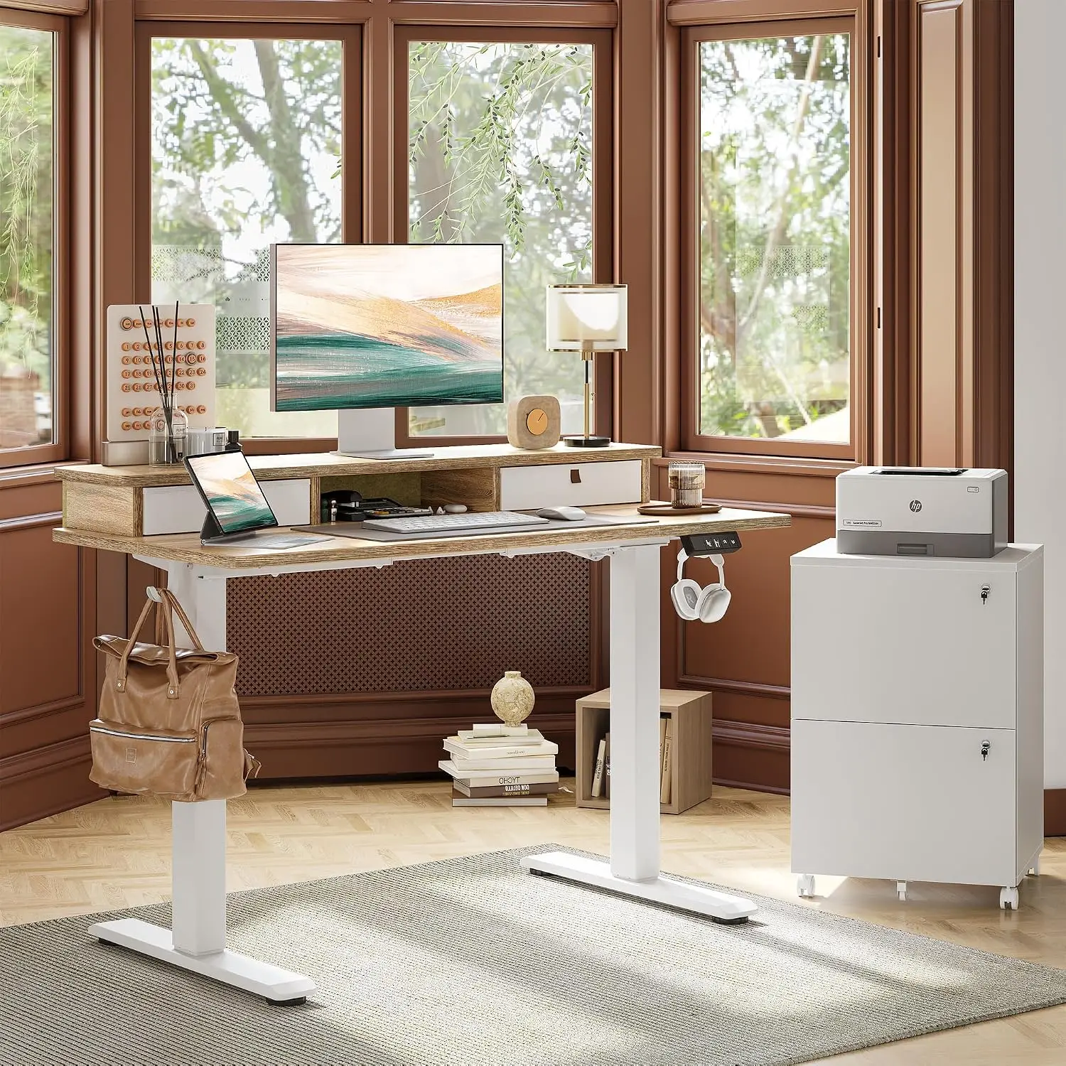 48 * 24 inch Standing Desk with Two Drawers&Top Shelf, Maple | Smooth Height Adjustment, 2 Memory Presets, One-Touch Control, St