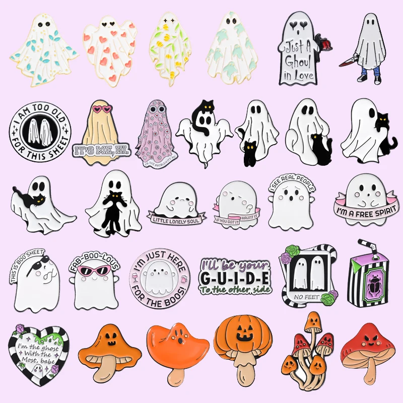 Pines de esmalte fantasma creativos, insignia de solapa de Halloween de dibujos animados, accesorios de mochila, broches de ropa, regalo de joyería para amigos, 31 tipos
