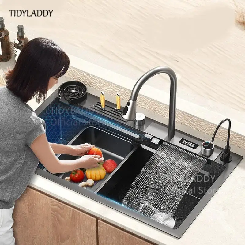 

304 Stainless Steel Kitchen Waterfall Sink Digital Display Honeycomb Sink with Multifunction Waterfall Kitchen Accessories