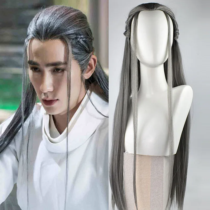 Anime Cosplay Hair For Men Long Straight Antique Swordsman Hair With Braid Retro Style TV Movie Photography Warrior Headdress