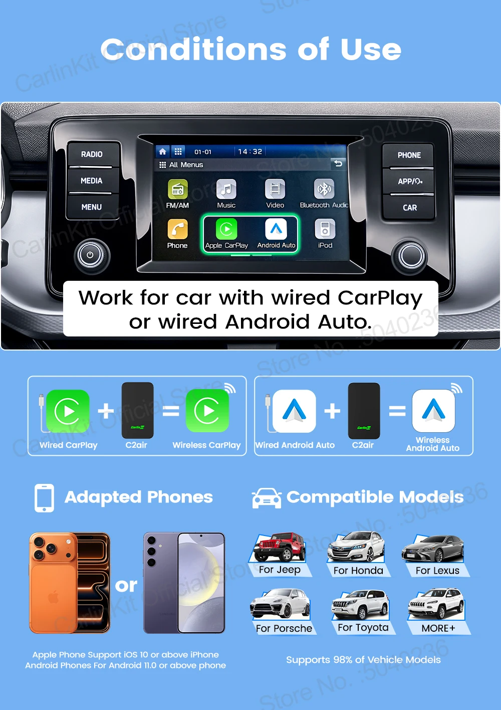 CarlinKit 5.0 C2Air 2-in-1 CarPlay Android Auto Wireless Adapter für kabelgebundene CarPlay- und Android-Auto-Fahrzeuge, Online-Upgrade, Plug & Play – Detail 3