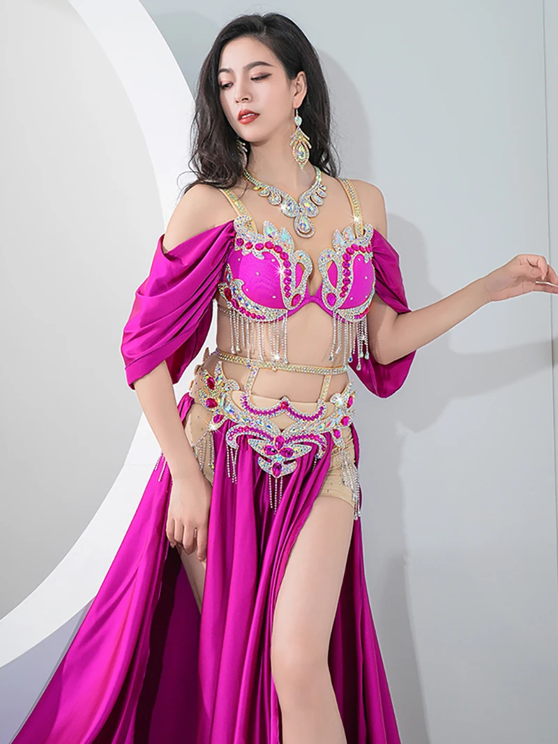 Women Sequin Flash Drill Belly Dance Double Split Gorgeous Large Swing Skirt Eastern Dancewear Competition Performance Costume