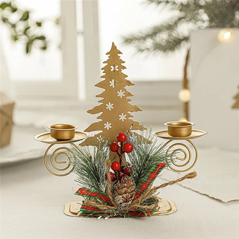 ABBN-2PCS Gold Christmas Tree Pillar Candle Holder With Berry & Pine Nut Candle Holder For Holiday Desktop Decor Metal Decor