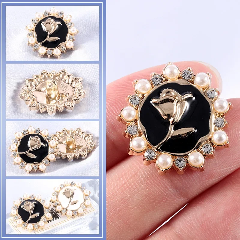 10Pcs/lot 15-25mm Metal small fragrant button pearl rhinestone high-end coat sweater cardigan clothes top rose button N004