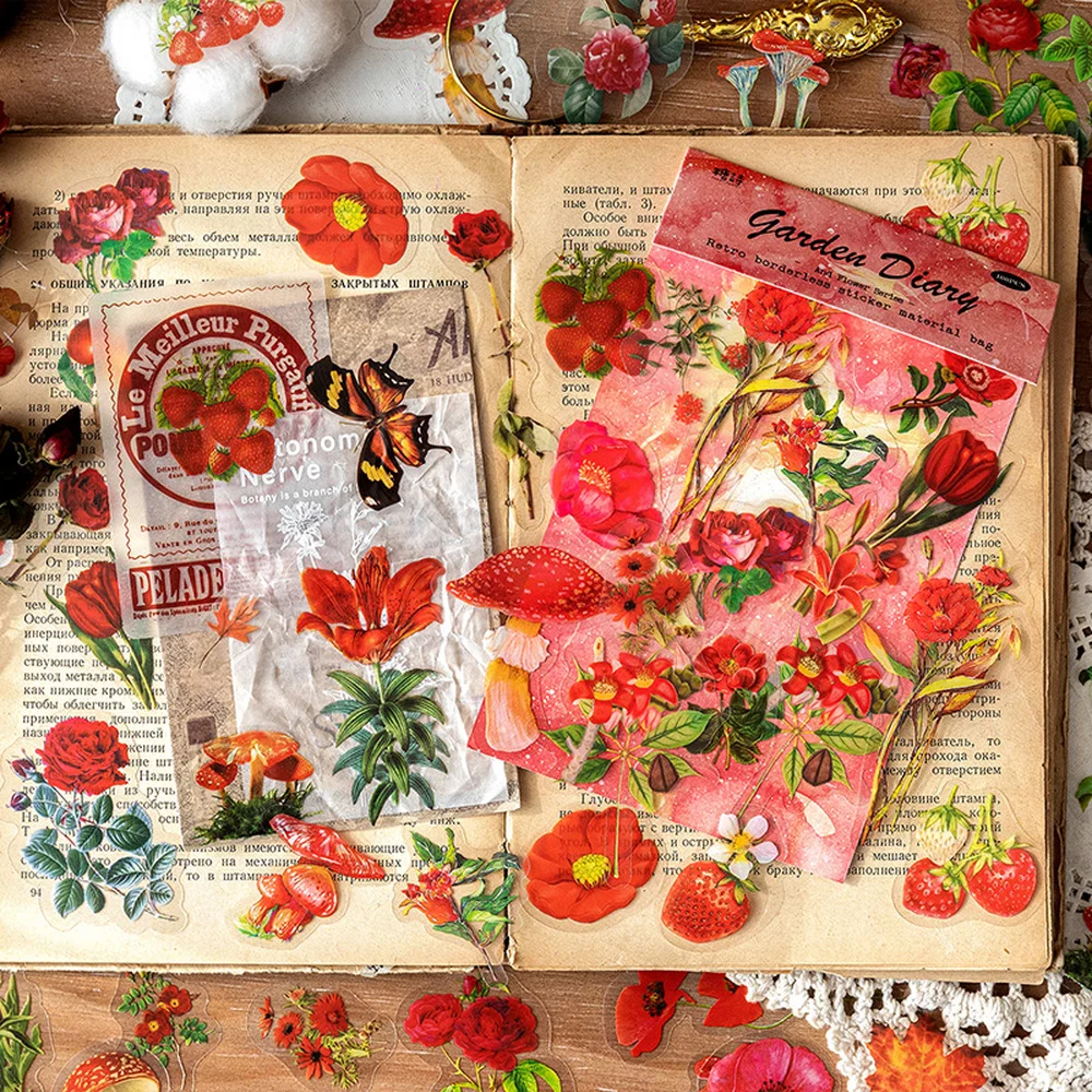 Mr.paper 6 Styles 100Pcs/Bag Vintage Botanical Stickers Aesthetic Flowers Hand Account Material Decorative Stationery Sticker