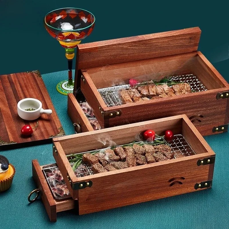 Western Food and Steak Fruit Charcoal Grilled Bacon Wood Box Salmon Smoked Box Solid Wood Food Box Rosemary Steak Tableware