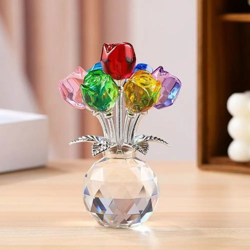 Crystal Rose Sculpture Reflect Colorful Rose Bouquet Ornaments Small Handmade Desktop Floral Decorations Home Decorations