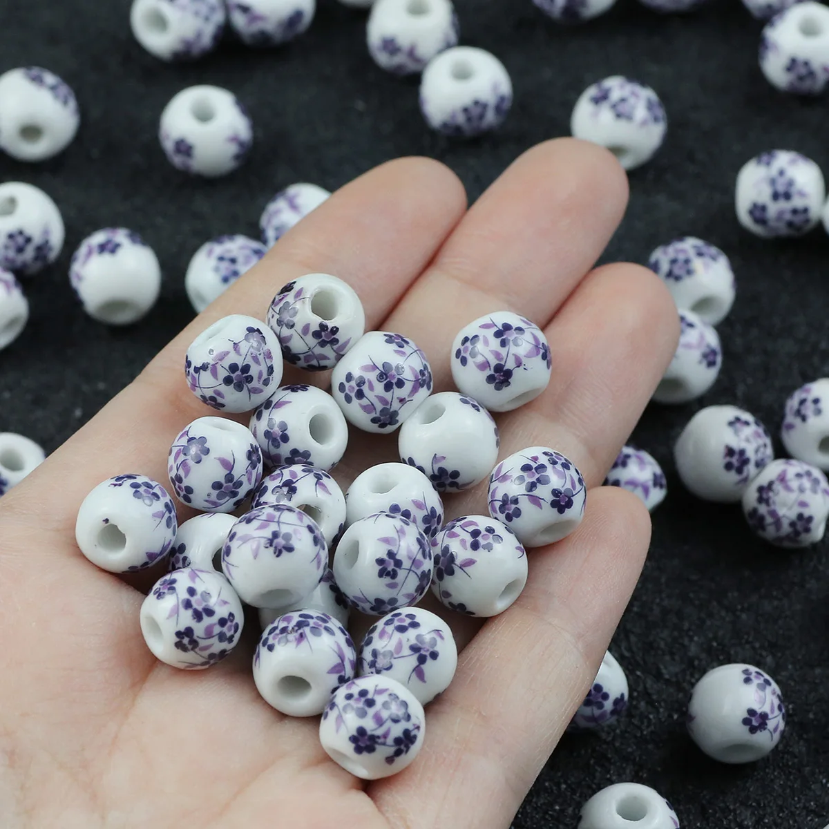  8/10/12mm Purple Flower Pattern Ceramic Beads Round Loose For DIY Jewelry Making Charms Bracelet Necklaces Accessories 19~97PCS