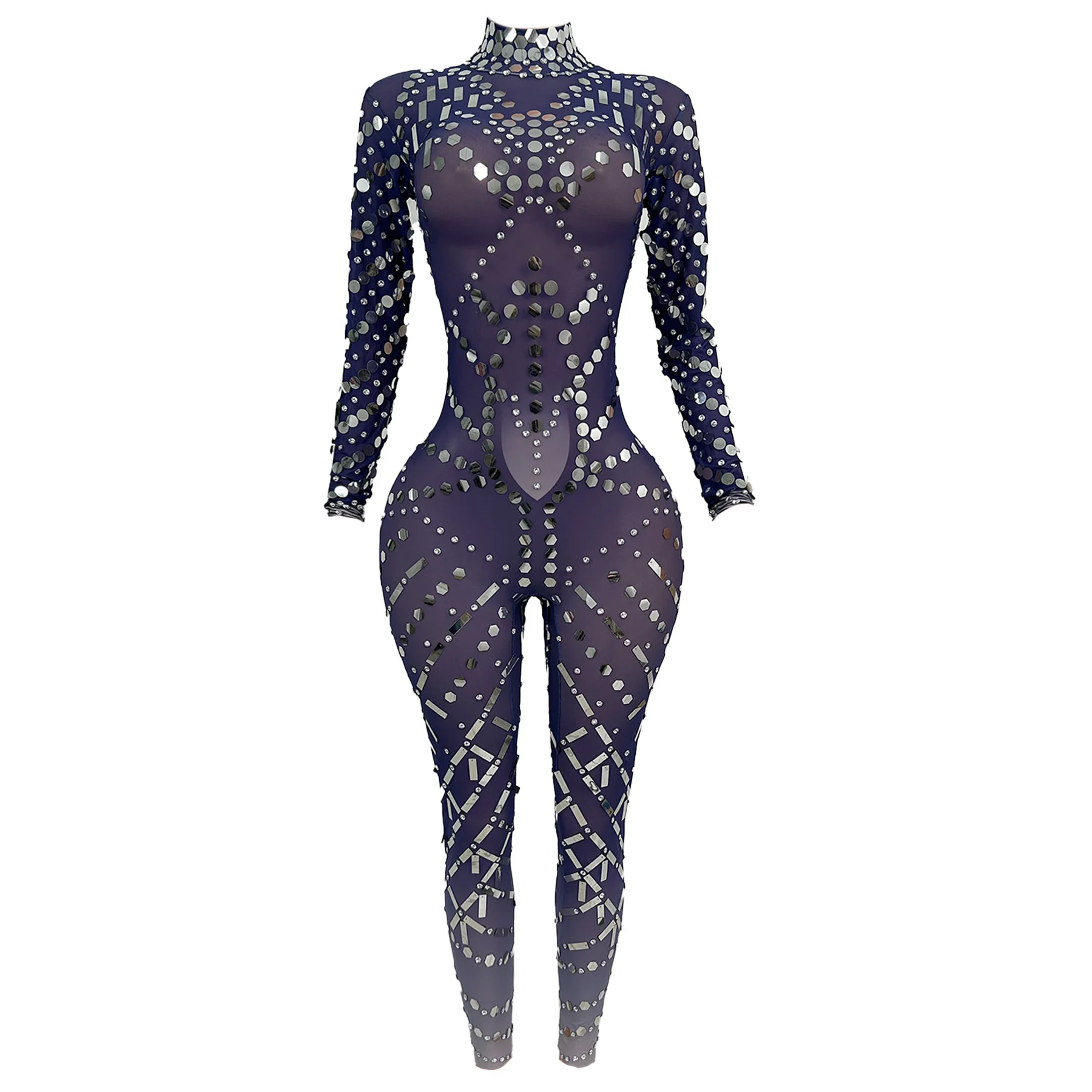 

Sexy See Through Rhinestone Sequin Party Jumpsuits Women Bodysuit Night Club Wear Show Rompers Gogo Dancer Festival Clothing