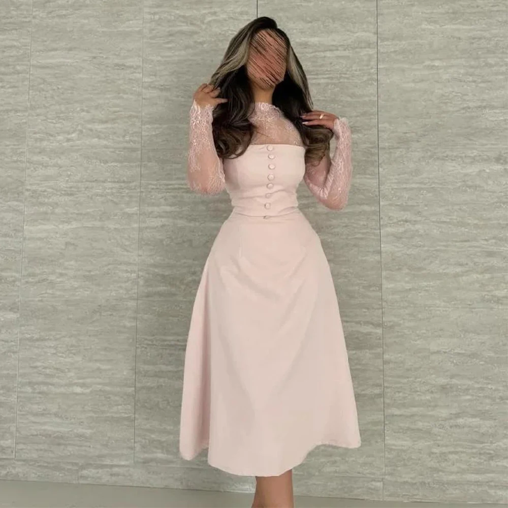 

Светло-розовое короткое вечернее платье с высоким воротником из кружева и крепа А-силуэта с иллюзией и длинным рукавом по индивидуальному заказу فساتين حف자보보 dedi