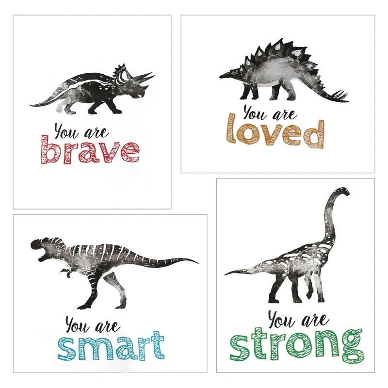 4Pcs Dinosaur Wall Art For Little Boys Room, Baby Nursery Posters, Motivational Kids Playroom Dino Decor, Toddler T-Rex