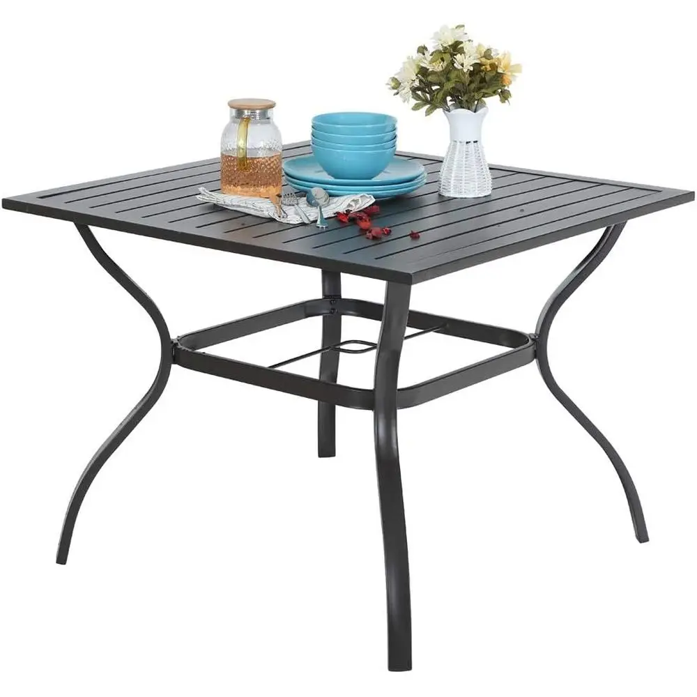 

All-Weather 37 Square Patio Dining Table with Umbrella Hole, Black Metal Steel, Seats 4