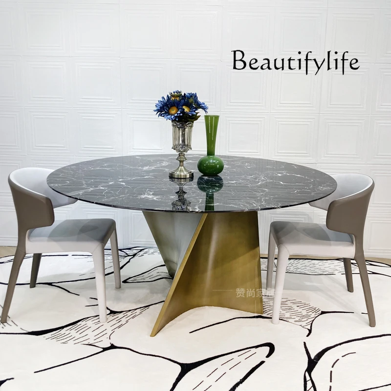

Italian light luxury black rose marble dining table living room home meeting rock slab round table special-shaped table