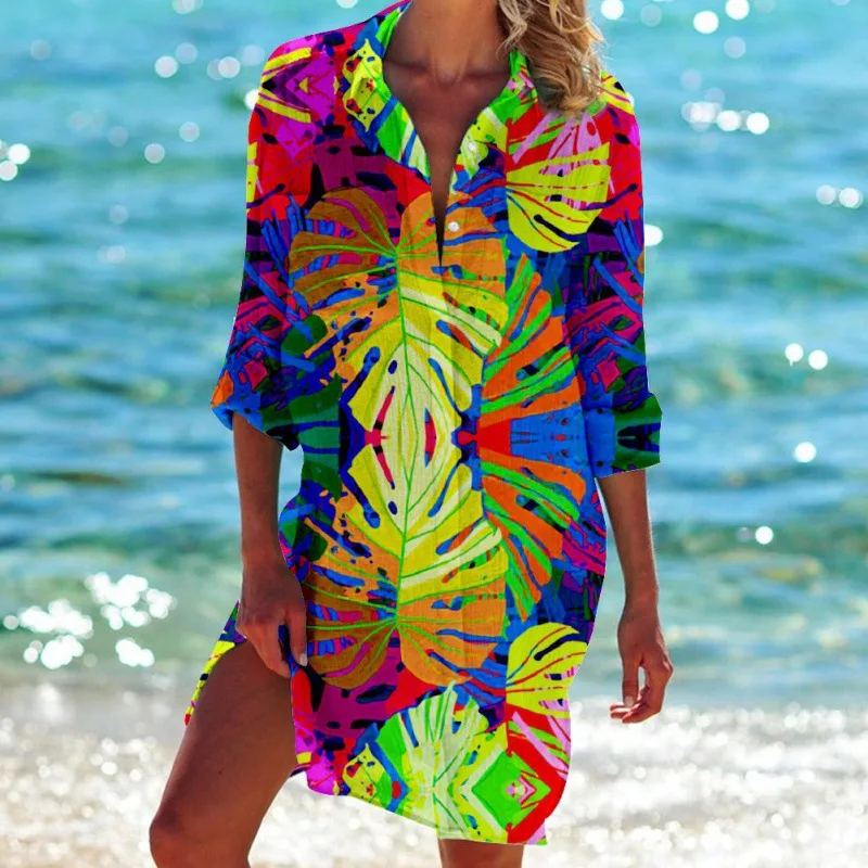 

Hawaii Beach Tropical Leaves 3D Printed Top - Women's Long-Sleeved Mid-Length Shirt - Buttoned Shirt - Top - Girls' Padded Top