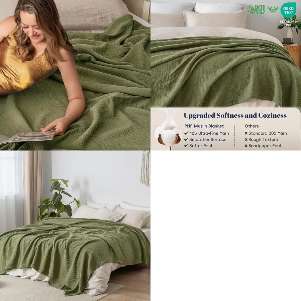 

4-слойное хлопковое муслиновое одеяло Queen Size 90x90, легкое, дышащее, мягкое для кровати, дивана, кемпинга, ребенка, оливково-зеленого цвета, Perfec