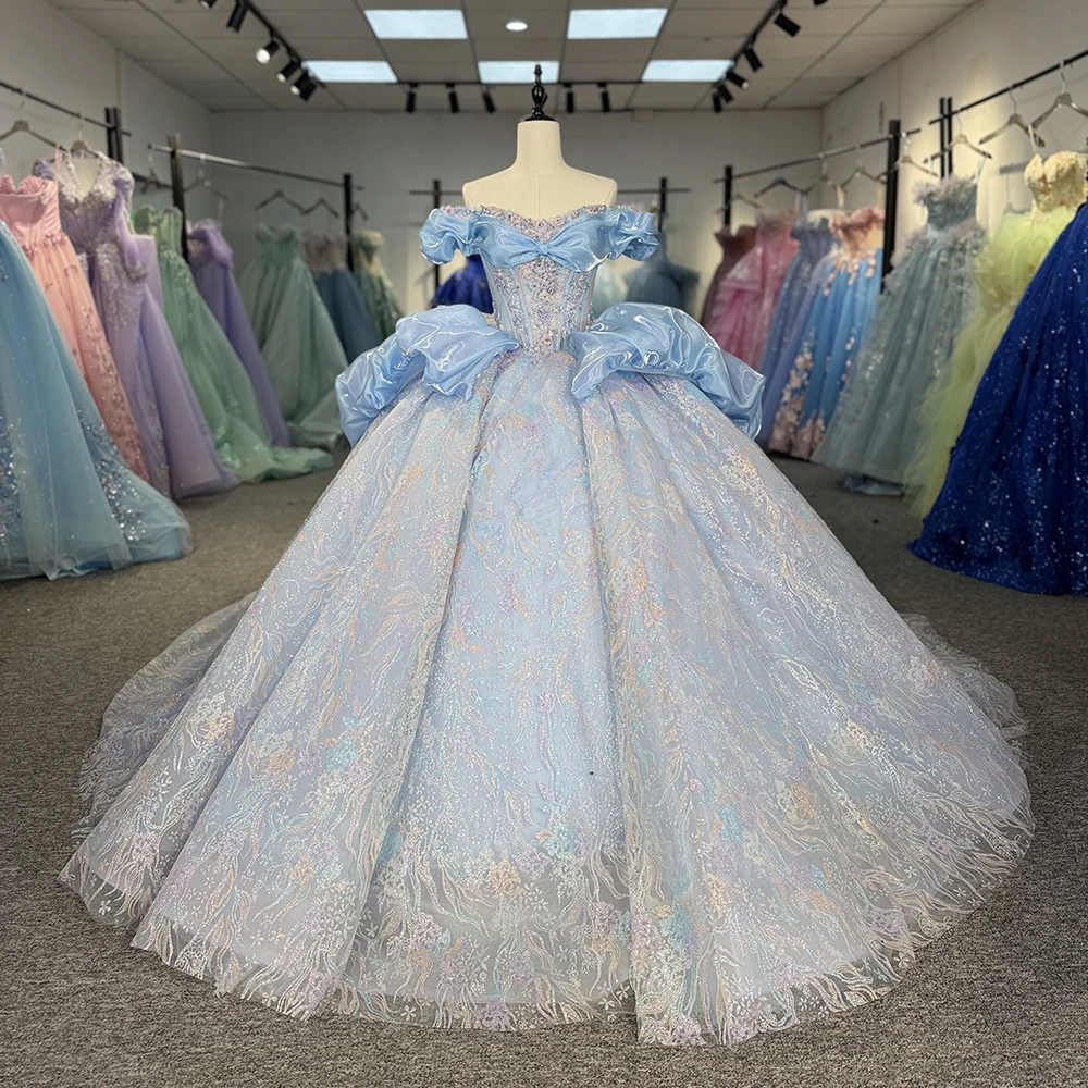 

Novelty Customized Shiny Quinceanera Dress Ball Gown Sequins Lace Beaded Cape Sweet Off the Shoulder 16 Vestido De 15 Anos