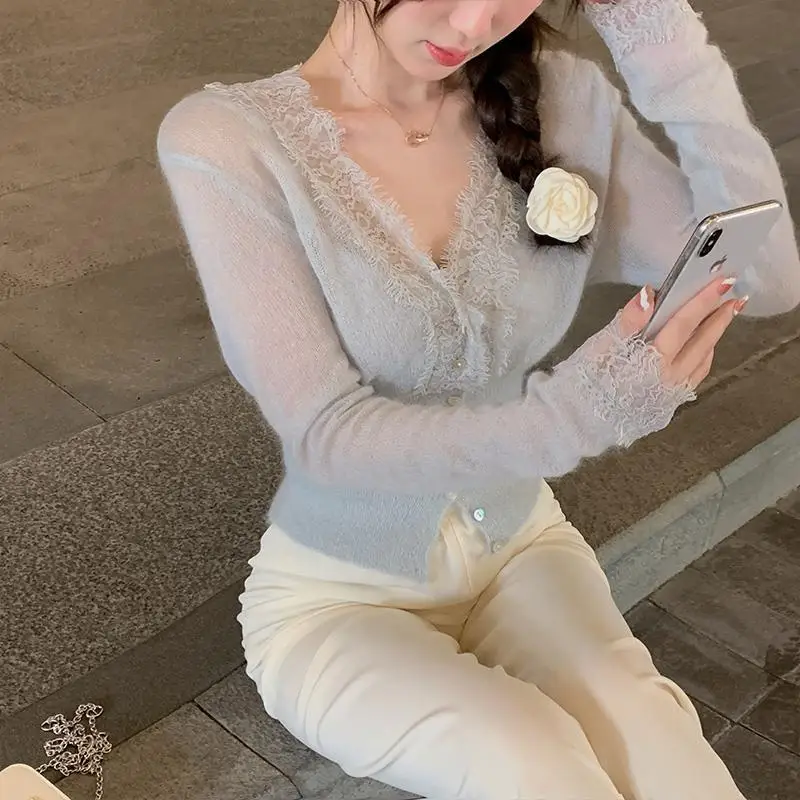 Genlte V Long Sleeve Blue Cropped Cardigan Thin Full  White Lace Shirts for Women Jumpers Slim Sweaters 2024 Fall