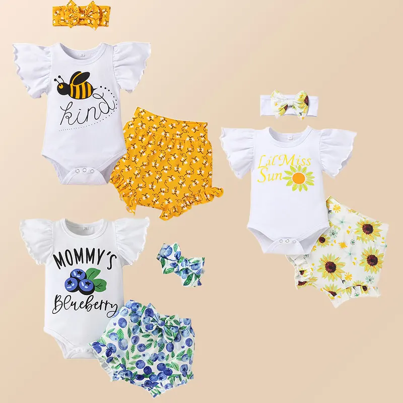 0-12M Baby Girl\'s Alphabet Print Flying Sleeve Clothes with Sunflower Bee Blueberry Shorts Three-piece Suit for Summer Wear