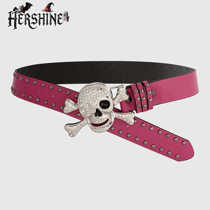 HERSHINE Women's Pink Fashionable and Sexy Rhinestone Skull Belt, Y2K Gothic Punk Harajuku Rock Hip Hop Accessory，spring，summer