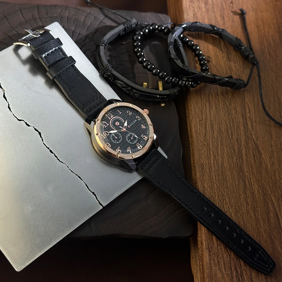 Bracciale da uomo 4 pezzi con perline e tessitura di piume, orologio al quarzo con ali naturali in stile industriale retrò per tutte le quattro stagioni