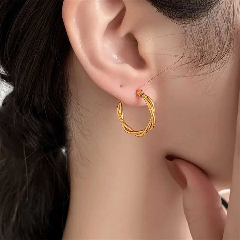 2023 Gold Silver Color Stainless Steel Hoop Earrings for Women Simple Round Circle Twisted Braid Ear Rings Steampunk Accessories