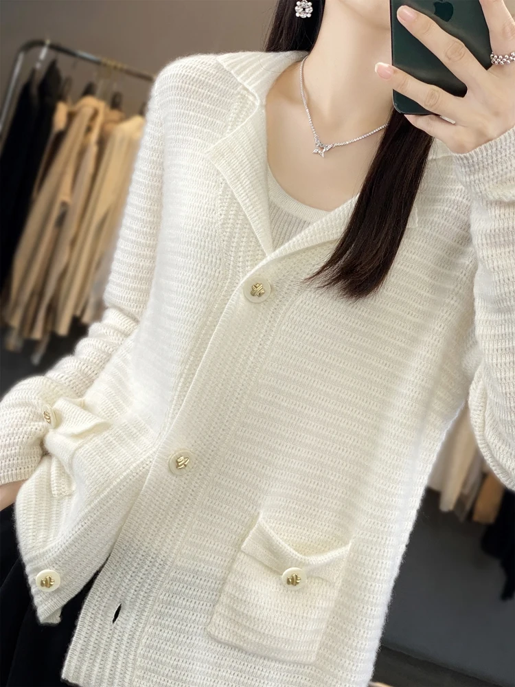 100% Merino Wool Women Sweater Turn-down Collar Cardigan  Spring Autumn Soft Cashmere Knitted Coat Office Lady Grace Clothing