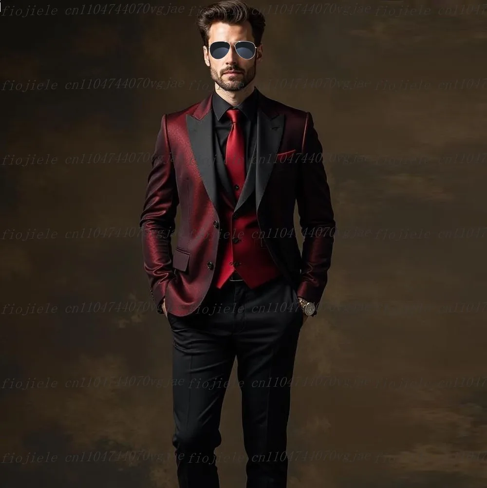 New Burgundy And Black Men Suit Formal Wedding Party Groom Business Male Tuxedos Customized 3 Piece Set Jacket Vest Pants