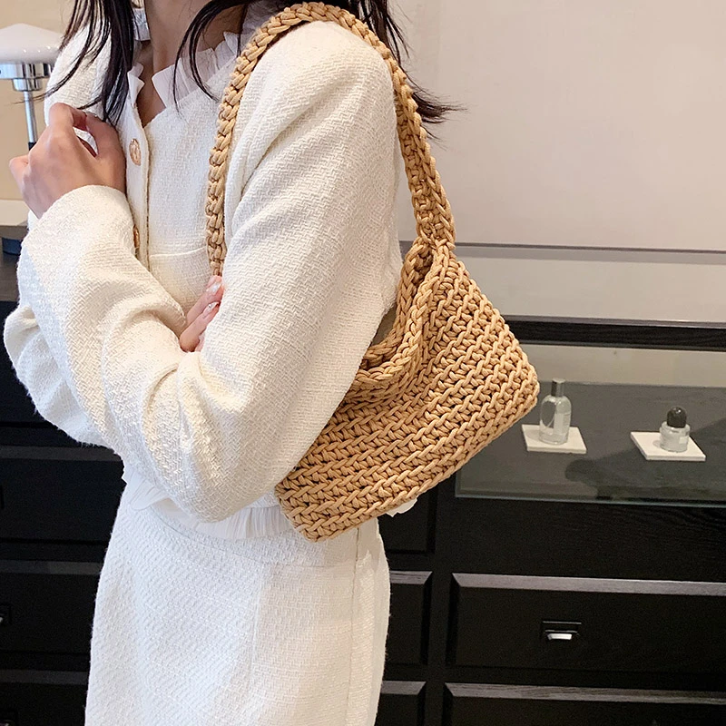 5Colors Boho Shopper Bag Women Simple Wool Shoulder Bags Small Female Designer Woven Handbag Purse Fashion Underarm Knitting Bag